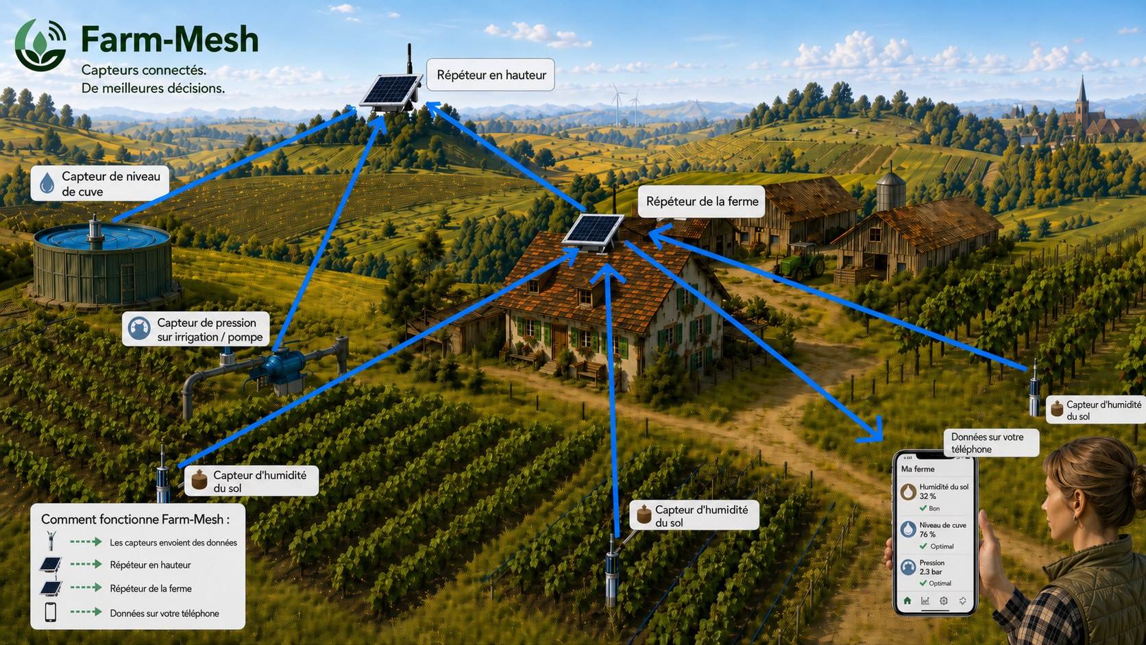 Schéma Farm-Mesh : capteurs de niveau, de pression et de sol envoient des données via des répéteurs jusqu'à un téléphone