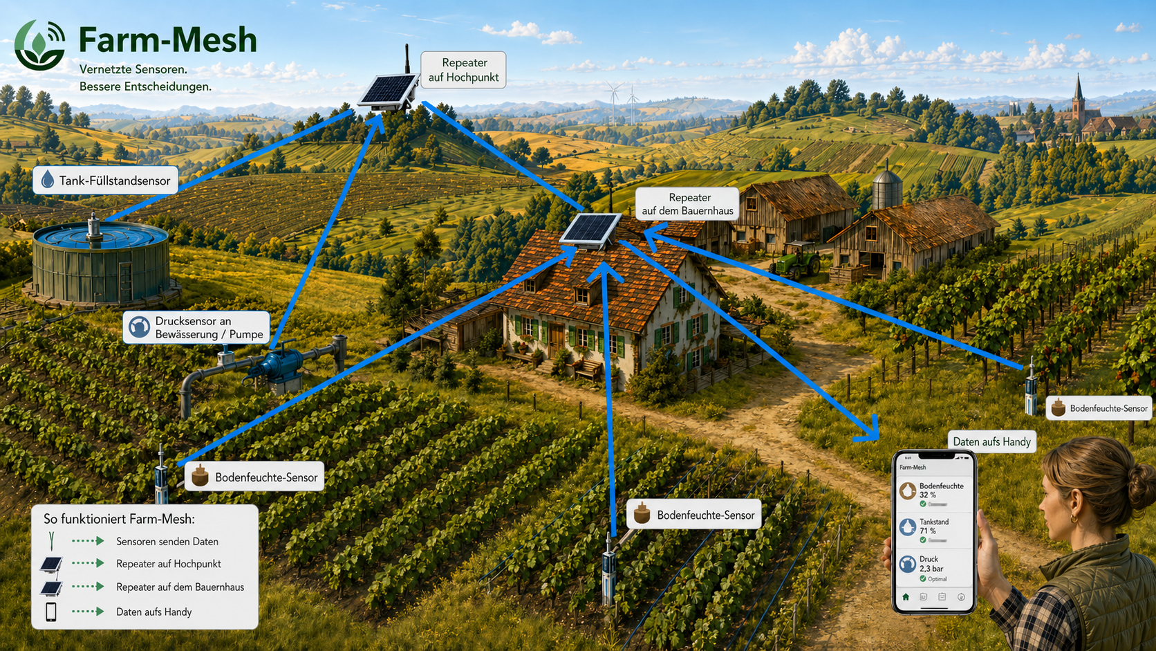Farm-Mesh-Übersicht mit Tankstand, Drucksensor, Bodenfeuchte-Sensoren, Repeatern und Daten auf dem Handy
