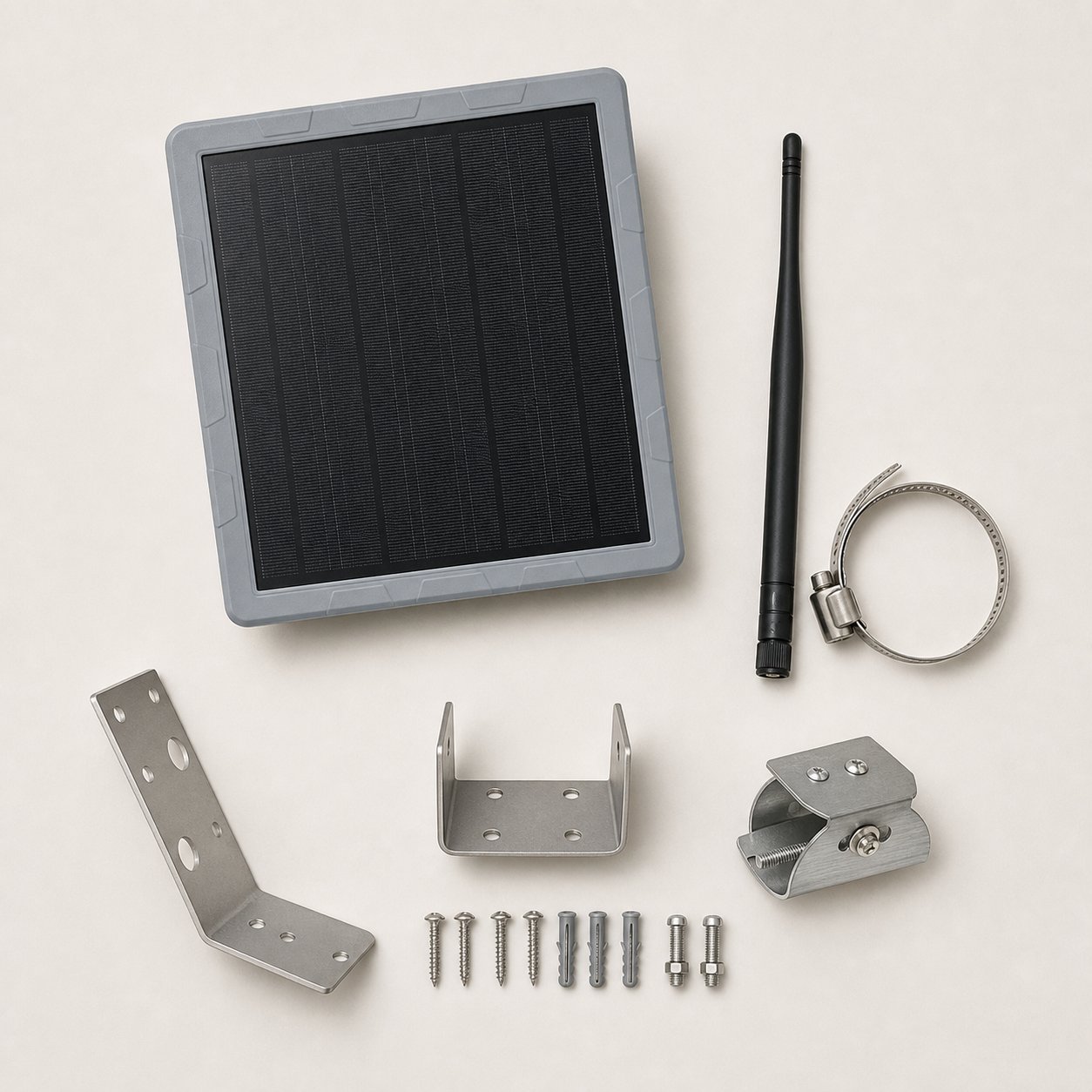 Farm-Mesh repeater kit with solar panel, antenna, stainless brackets, and clamp
