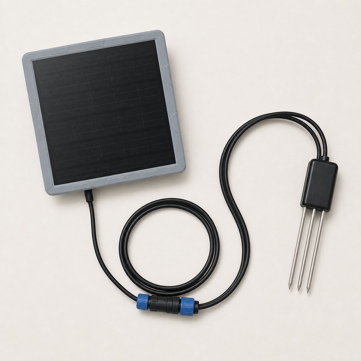 Three-prong soil sensor node with solar panel and cable