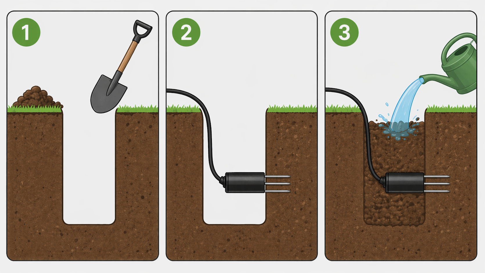 Three-panel illustration showing how to install and water in a three-prong soil sensor
