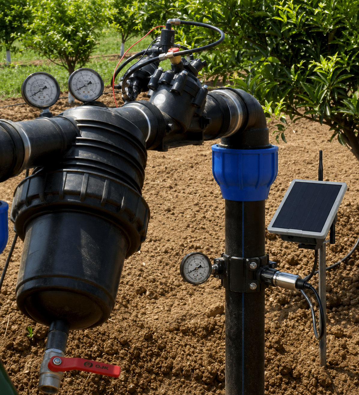 Irrigation pipe with a Farm-Mesh pressure sensor, solar panel, and transmitter